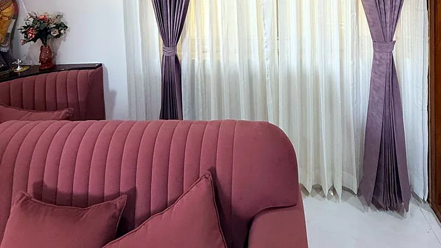 Rose sofa cushions and bolsters, cut on grain